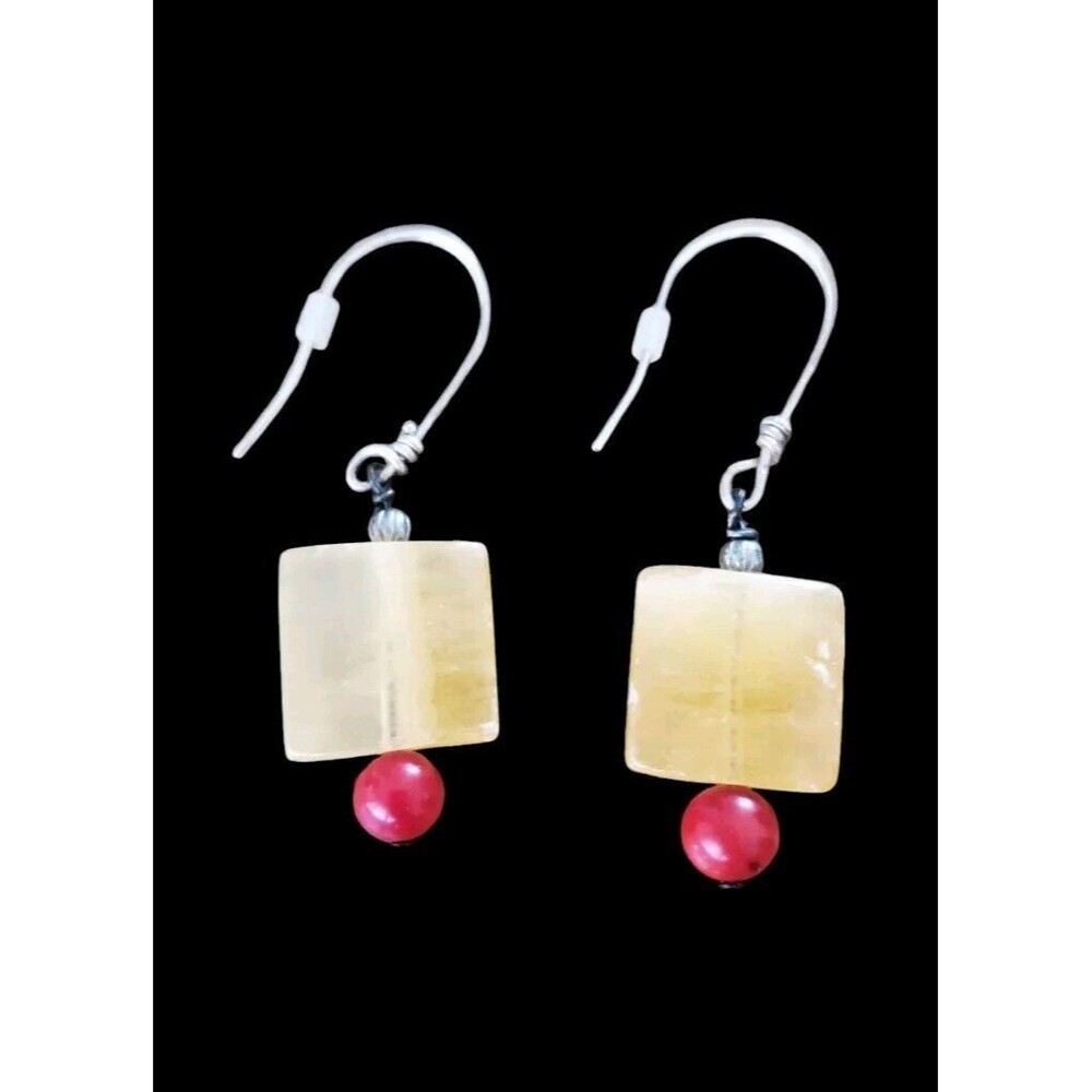 Vintage Natural Stone Drop Earrings Yellow Red - Picture 1 of 3